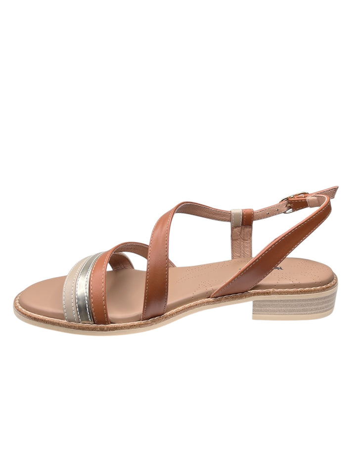 sandalo donna in pelle cognac-lino-platino