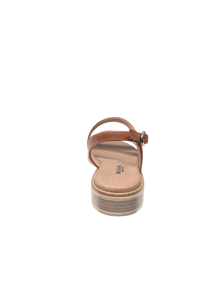sandalo donna in pelle cognac-lino-platino