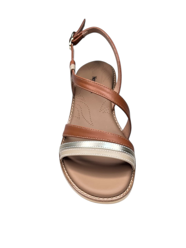 sandalo donna in pelle cognac-lino-platino